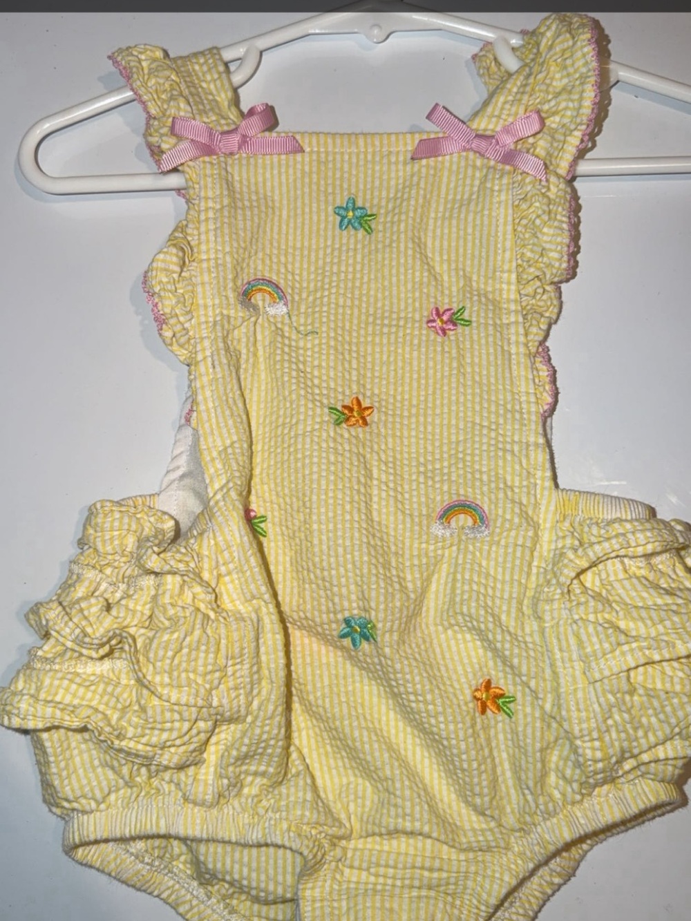 Good Lad Yellow Seersucker One-Piece with Pink Ribbon Bows